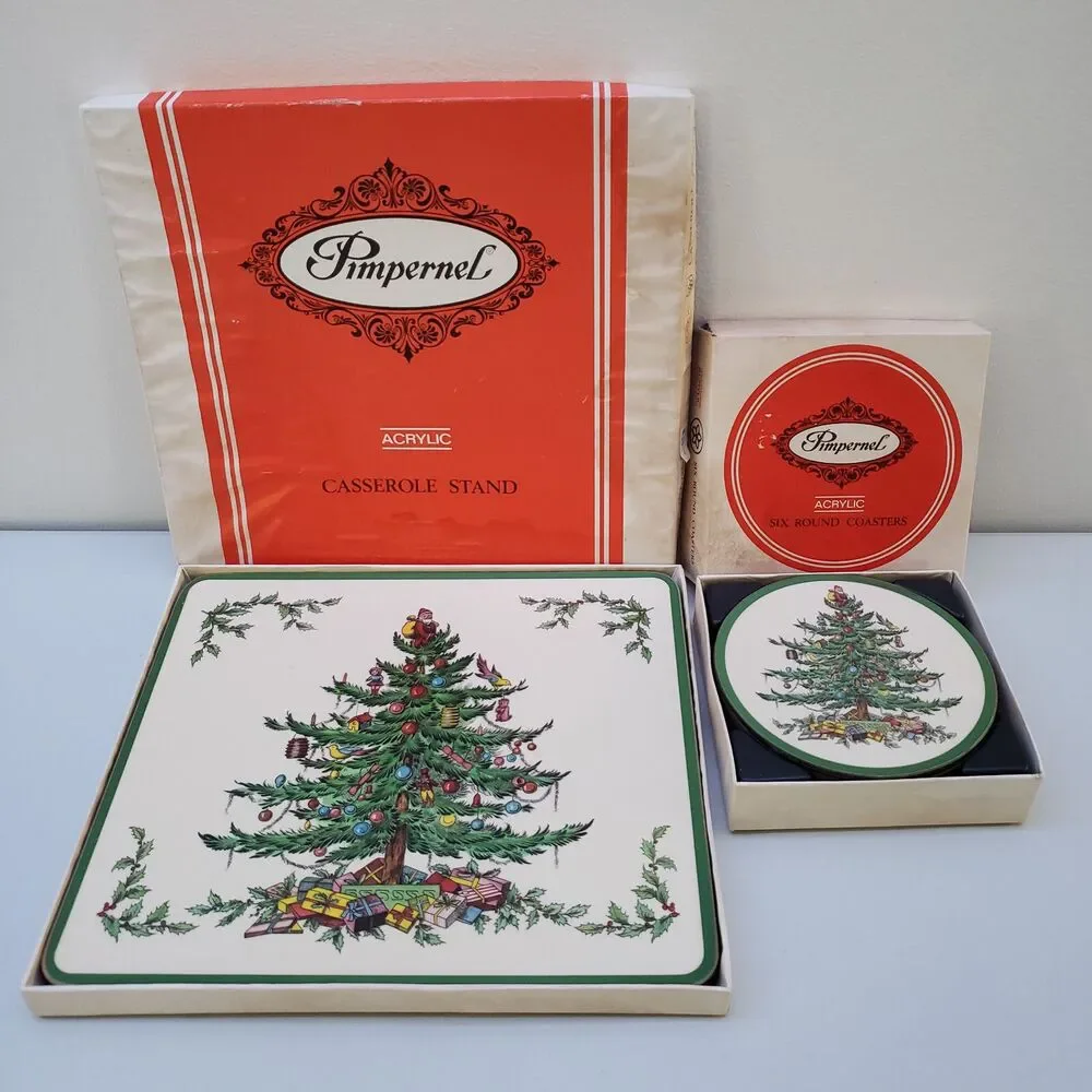 Pimpernel Casserole Stand & 6 Round Coasters Acrylic Cork Christmas Tree England